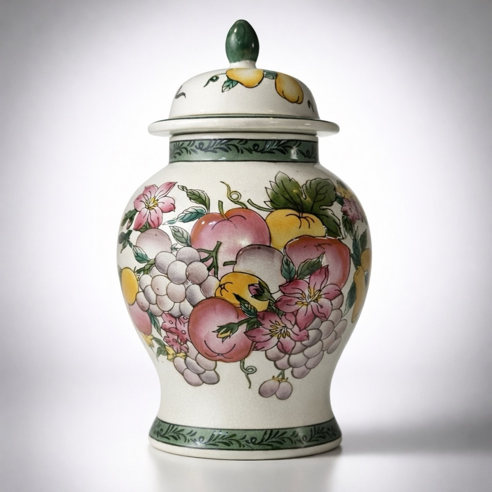 Vintage 8" Chinoiserie Ginger Jar - Fruit & Floral Crackle Glaze - NOS